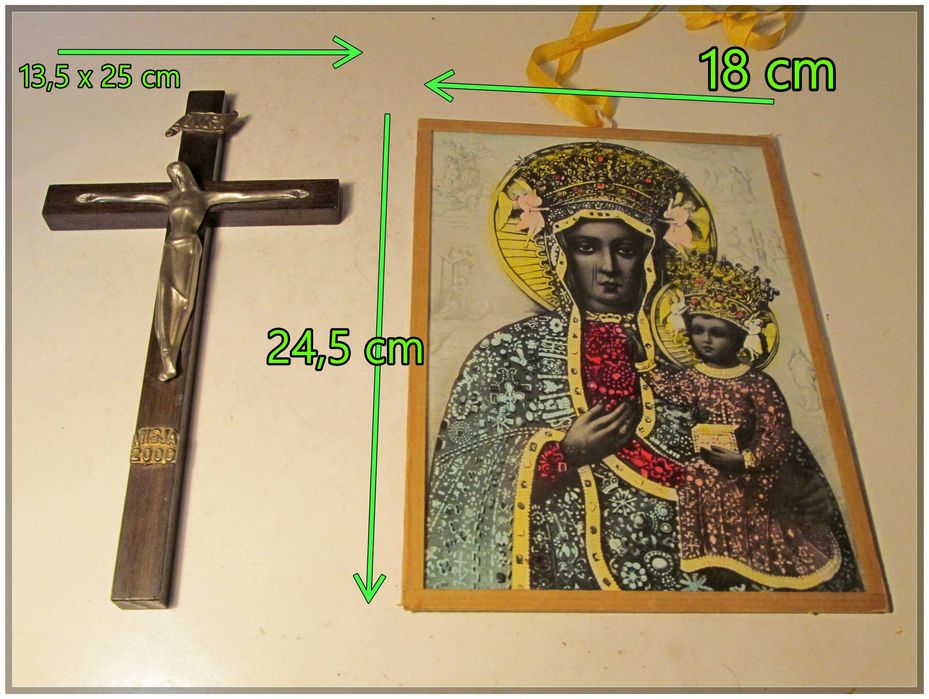 Zestaw dewocjonaliów: Drewniany krzyż misyjny 2000 r. + Obrazek Matki Boskiej Częstochowskiej bez ramy - pod szkłem