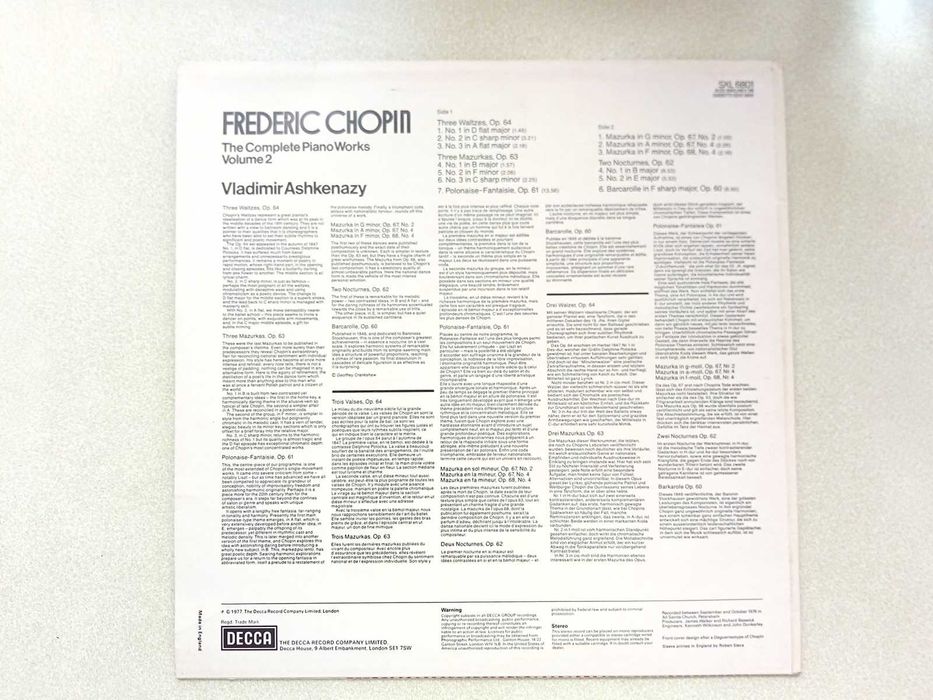 Vladimir Ashkenazy, DECCA, Fryderyk Chopin walce, mazurki, nocturny. Vinyl
