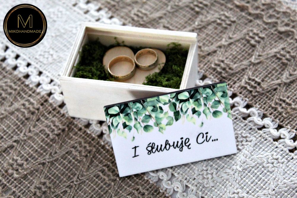 Personalizowane pudełko na obrączki – eukaliptus | boho | rustykalne