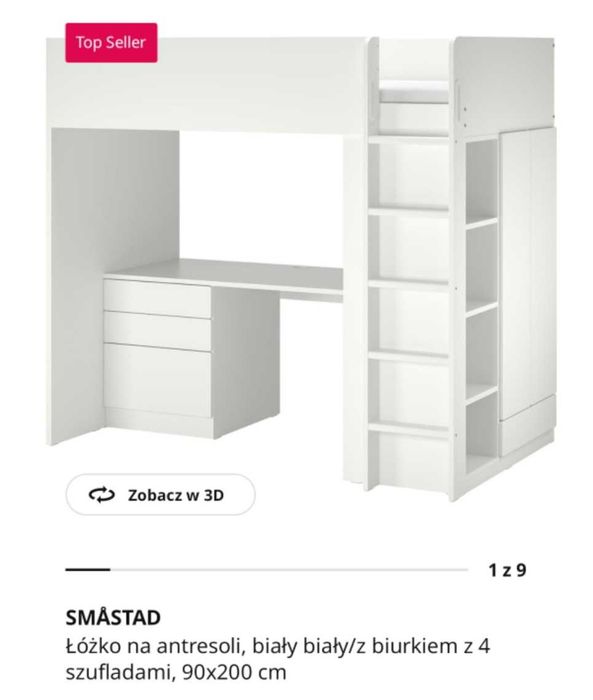 Łóżko piętrowe IKEA SMÅSTAD – komplet z biurkiem, szafą i regałem