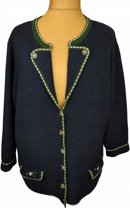 Bawarski sweter kardigan styl folk 30% wełna granatowy 54