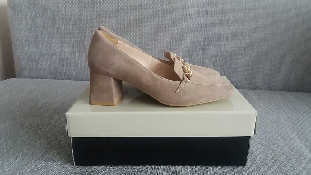 Damskie buty skóra zamsz beż złoto  Sagan r.38