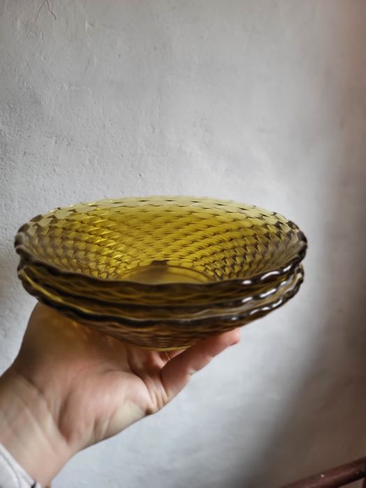 3 miski z żółtego szkła PRL