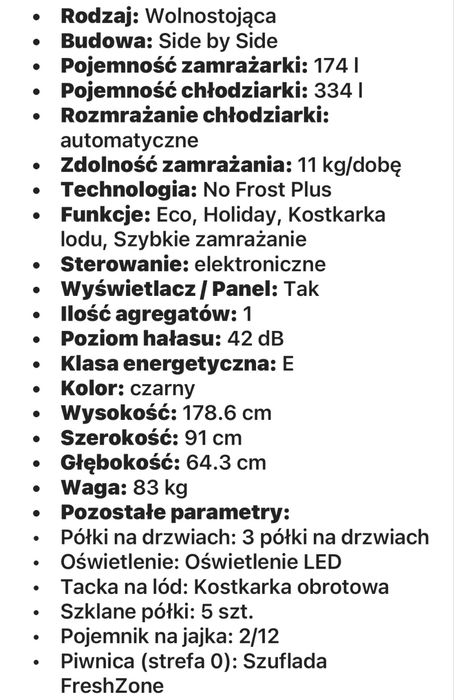 Lodówka side by side noFrost czarna kostkarka inverter gorenje