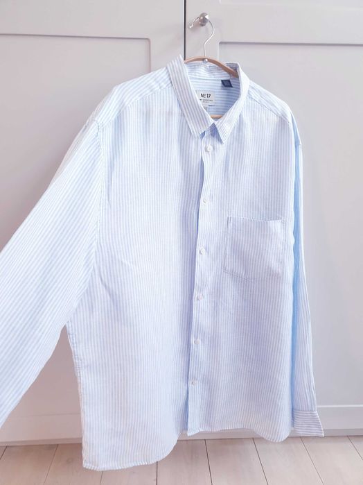 Biała koszula lniana w niebieskie paski H&M XL 2XL
