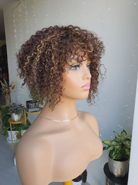 Afroloki peruka z naturalnych włosów brąz refleksy loki loczki