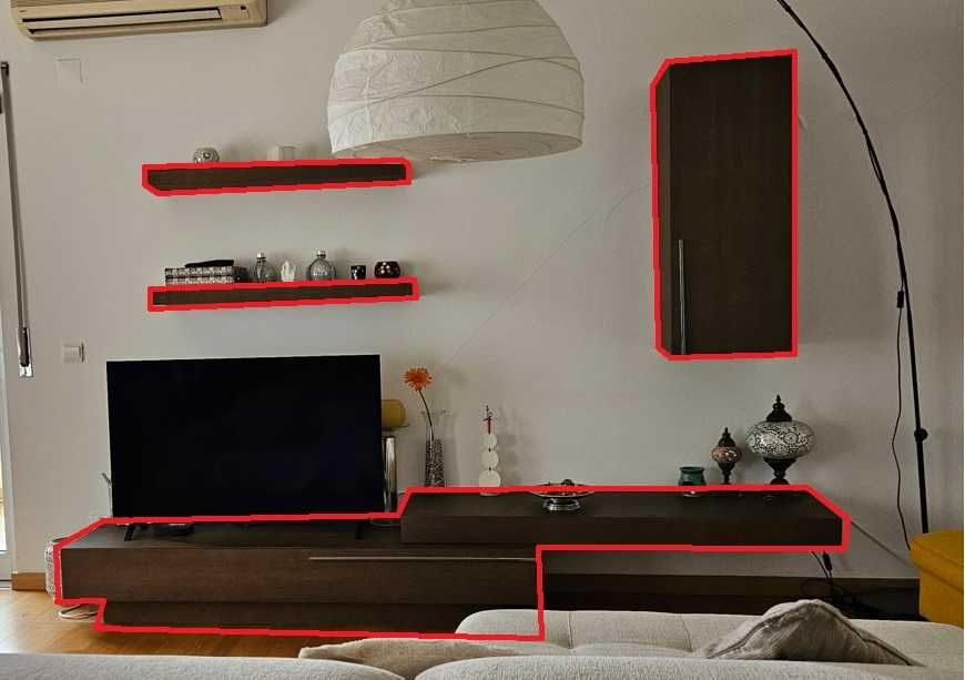 Móvel de TV, coluna de arrumação e prateleiras