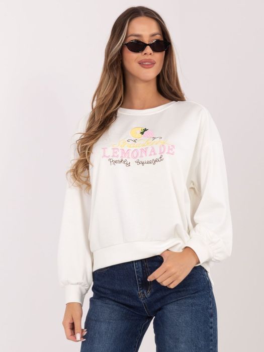 Ecru Bluza Damska RUE PARIS Oversize Haft Napisy Casual Bez Kaptura