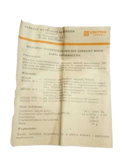 Mikrofon dynamiczny UNITRA TONSIL MDO36