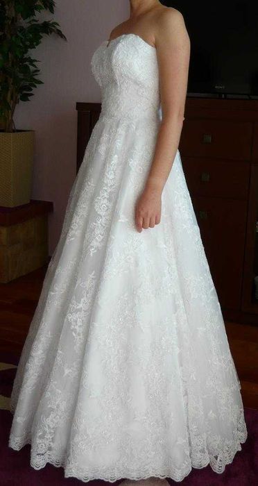 KORONKOWA suknia ślubna 36 S boho BIAŁA linia A koronka cała z koronki