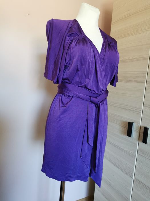 Sukienka Zara fioletowa dekolt v serek wiązana zakładki M L mini boho