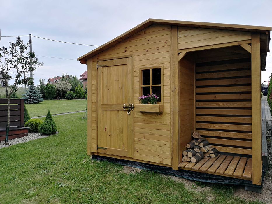 Domek narzędziowy 2 x 1,1m z  drewutnią 1,14 x 1,1m z dachem prostym