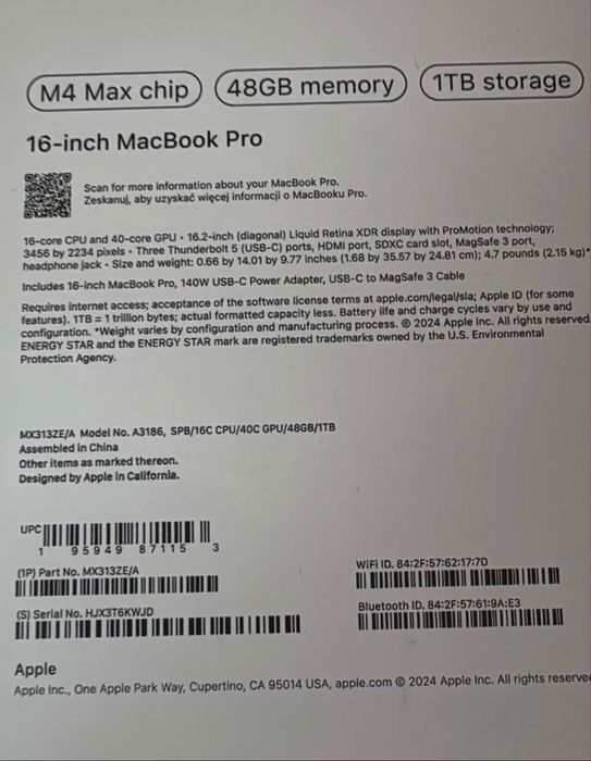 MacBook Pro M4 Max Chip 48 Gb ram 1 Tb pamieci