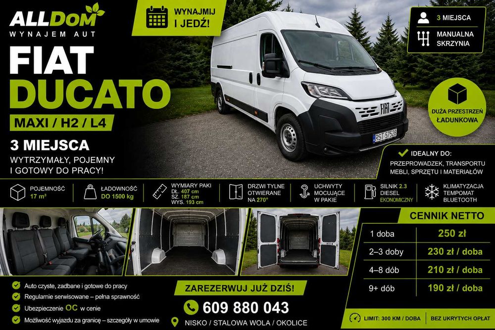 Wynajem busa dostawczego  | Fiat Ducato Maxi H2 L4 | 17 m³ | Nisko
