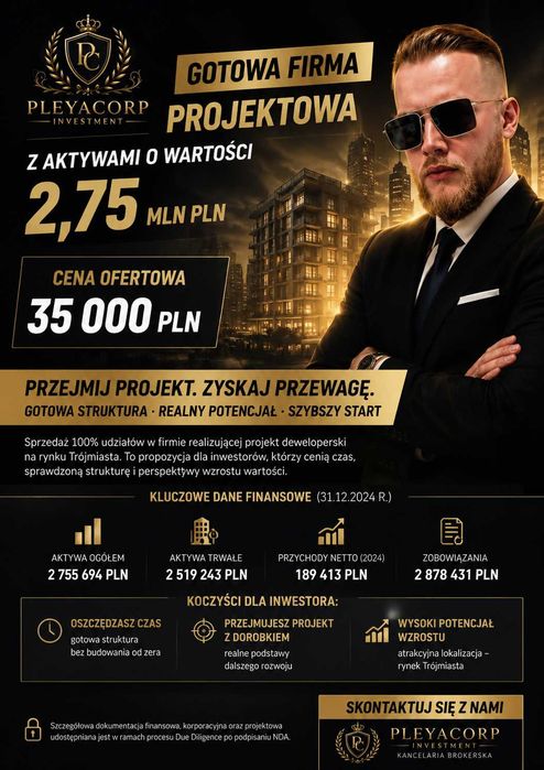 Gotowa firma projektowa z aktywami o wartości 2,75 mln PLN idealna pod kredyt lub leasing.