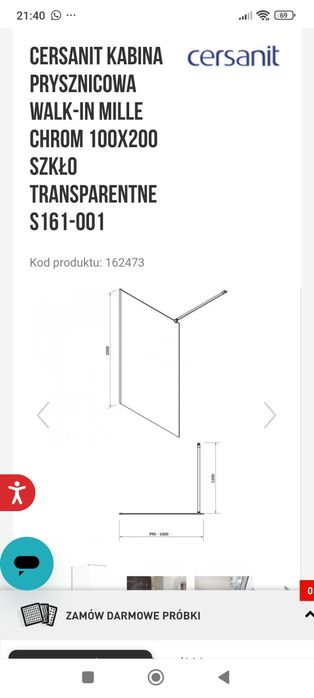 Cersanit ścianka prysznicowa 100x200 oraz ruchoma ścianka 50x200