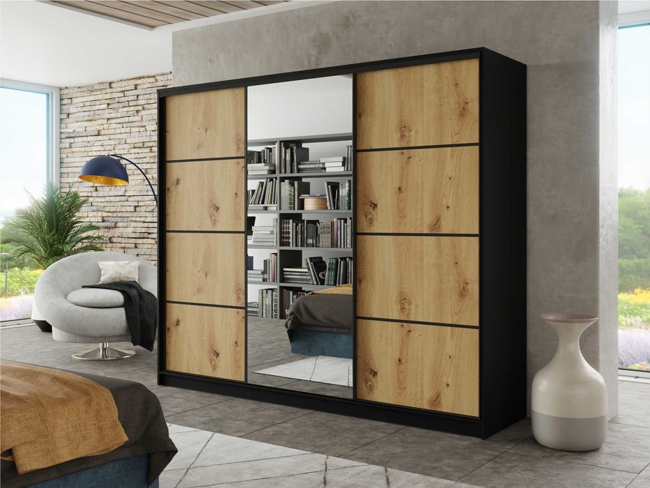 Szafa przesuwna Black 150x205x56 z lustrem i 4xszuflada