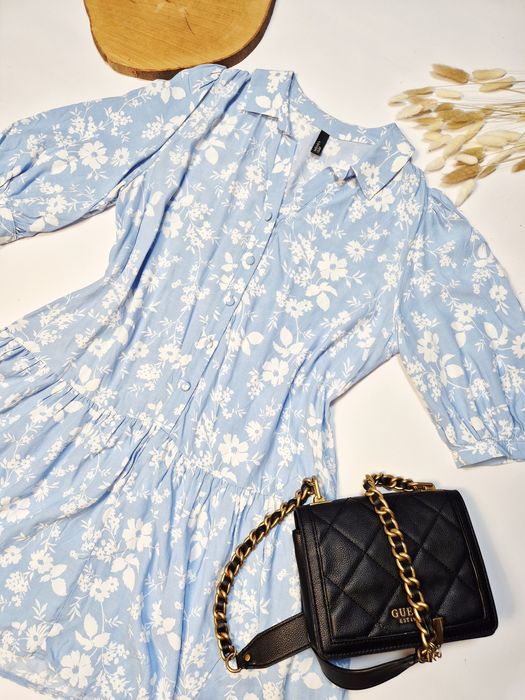 Niebieska sukienka z krótkim rękawem elegancka boho dekolt v 42 XL Wiskoza