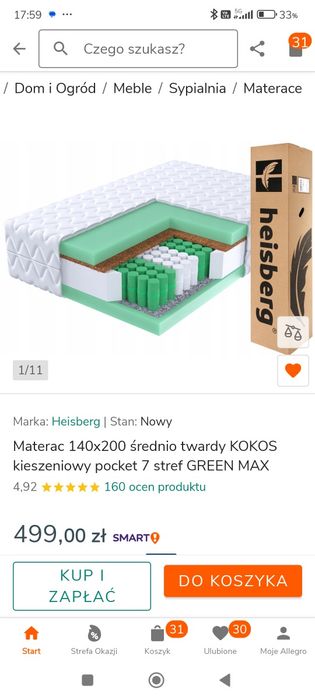 NOWY Materac 140x200 średnio twardy KOKOS