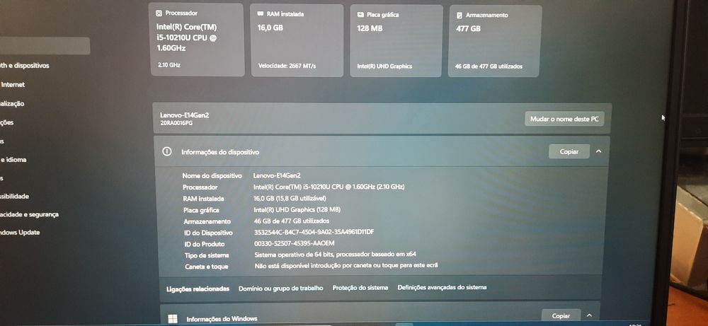 Portátil / Labtop Lenovo E14 Gen2 10ªG| 14,1"-IPS | i5-10210u | 16G-DDr4 | NVMe512G |M| W11