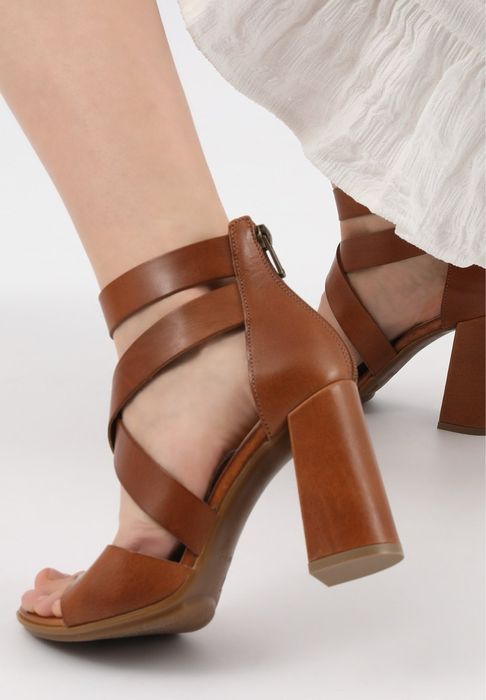 Wojas skórzane sandały na słupku skóra brązowe karmelowe 40