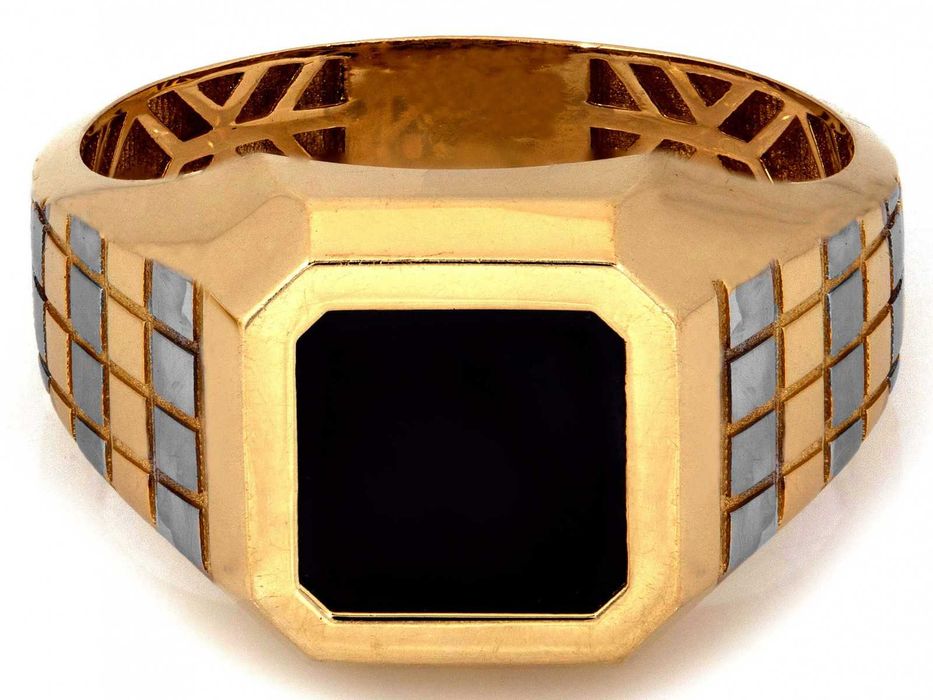 Sygnet męski złoty dwukolorowy z czarnym kamieniem PR 585