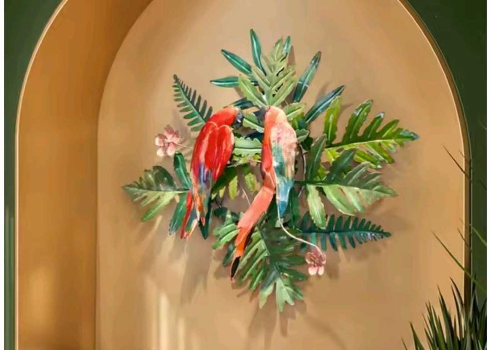 Decoração de parede em metal tropical papagaios grande 75x65