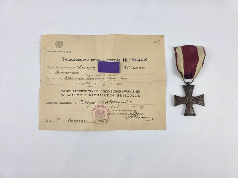 Krzyż Walecznych 1944 z Tymczasowym Zaświadczeniem KBW 1945