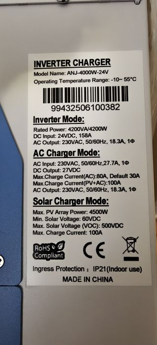 Гибридный солнечный инвертор ANENJI 4200W 24V MPPT WiFi (500V PV)