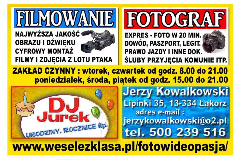 Kamerzysta fotograf wesele, dj - urodziny, rocznice od 999 zł OKAZJA !