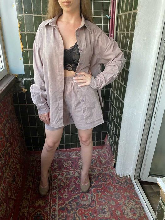 Жіночий літній костюм з бавовни шорти сорочка коричневий оверсайз