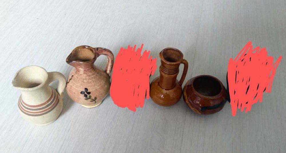 Komplet wazoników, kieliszki rybki, kamionka, porcelit, PRL