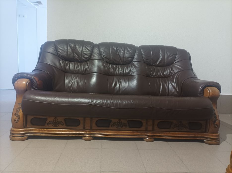 Dębowy komplet wypoczynkowy ze skóry (sofa 3-os, sofa 2-os + fotel