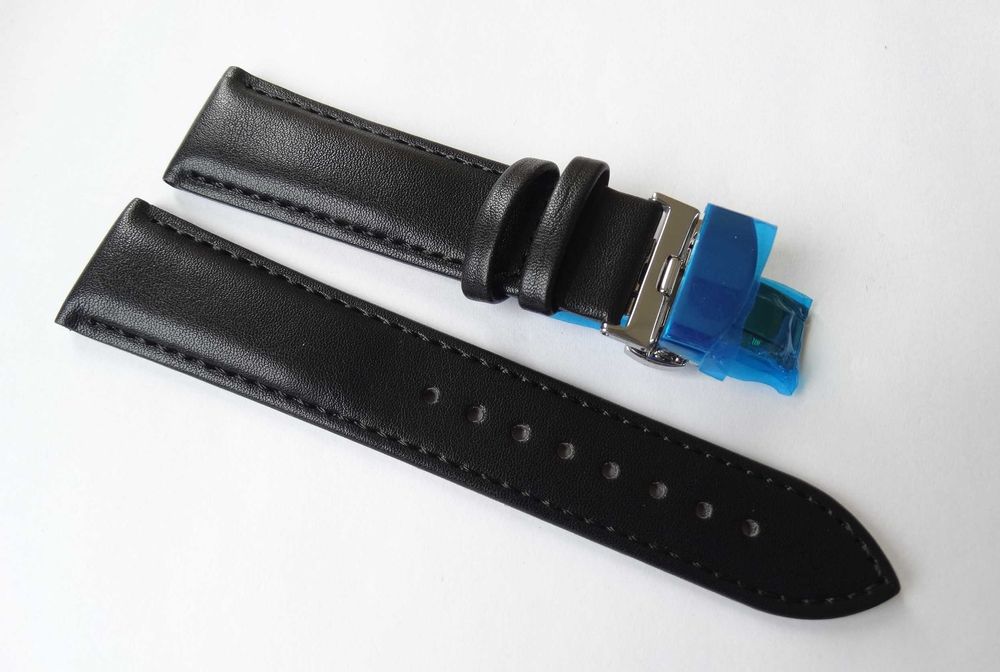 Pasek skórzany do zegarka 20mm 22mm klamra motylkowa srebrna czarny