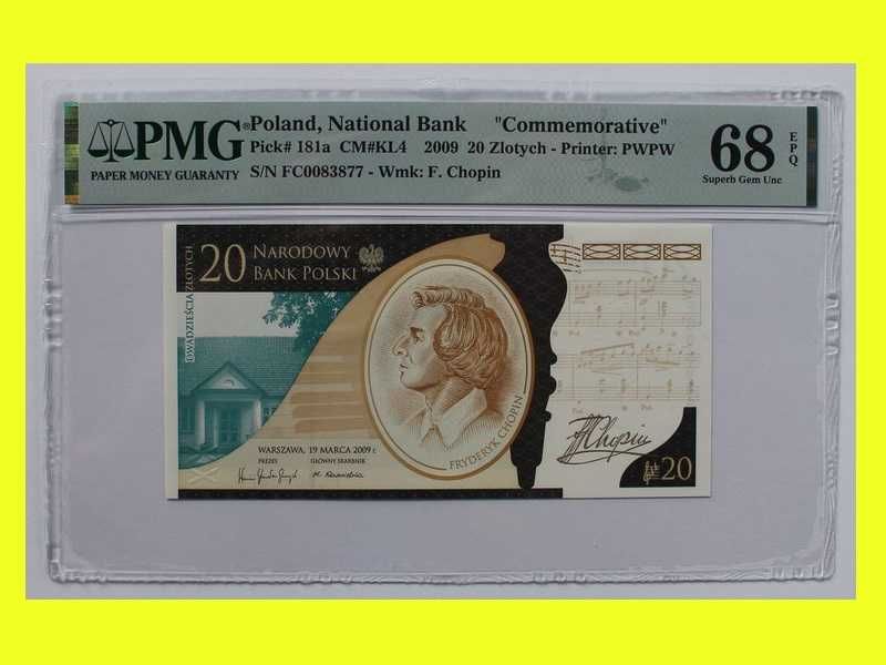 Fryderyk Chopin 20zł 20 zł banknot grading PMG 68