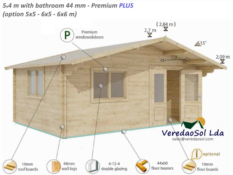 Casa madeira 5x4 m Sala c.d. banho - Área coberta 27m² em 5 variações
