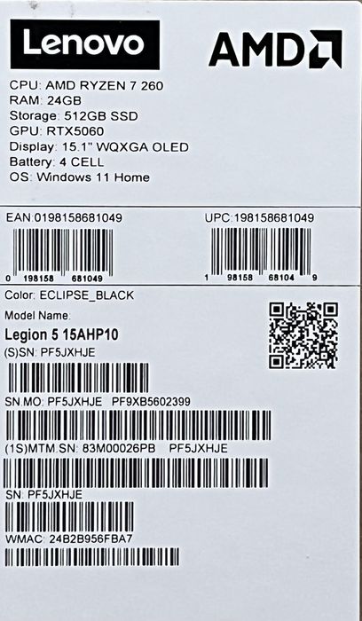 Laptop Gamingowy Lenovo Legion 5 R7 24GB/512 RTX5060 Win11 1 cykl FV