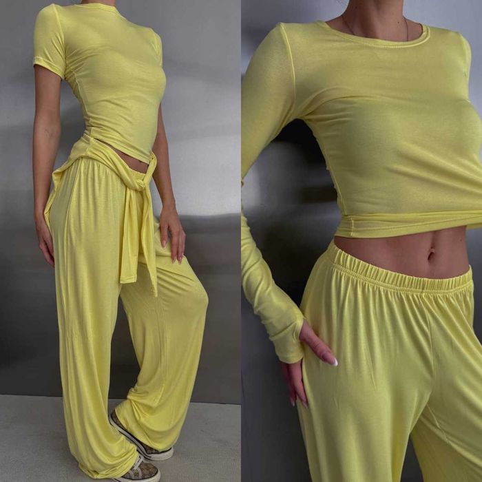 Жіночий костюм 3в1 трійка топ + лонгслів + штани палаццо нат. віскоза