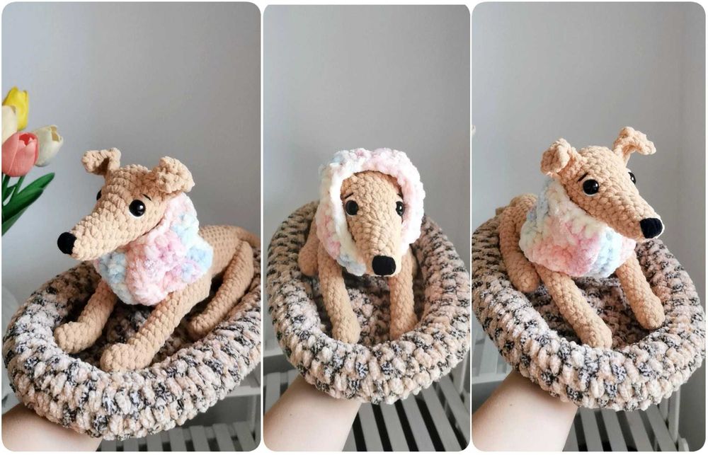 Charcik włoski na szydełku, maskotka Greyhound handmade, dekoracja