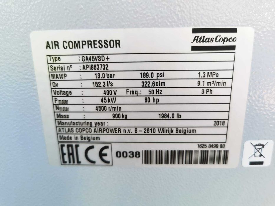 Sprężarka Powietrza Atlas Copco GA45VSD+ z odzyskiem energii !!!