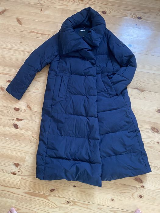 Пуховик жіночий довгий з високим коміром Темно-синій