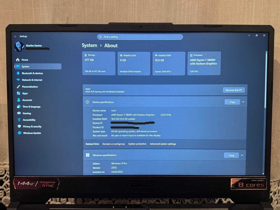 Portátil ASUS TUF GAMING A15 FA506QM RTX 3060, R7, 16GB, 512GB, 144HZ