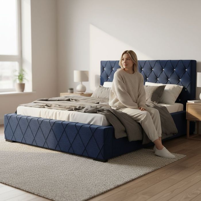 Łóżko tapicerowane z pojemnikiem na pościel, stelaż metalowy