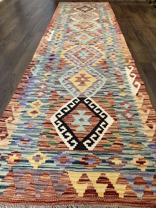 Tapete Kilim oriental feito à mão em lã natural 307x83cm - Novo