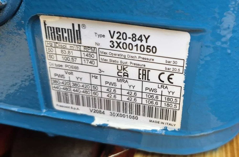 Sprężarka chłodnicza FRASCOLD V20-84Y 83,81 m3/h 38 kW