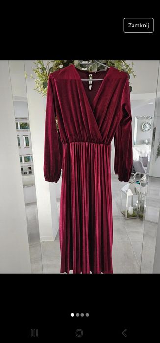 Bordowa sukienka welurowa z plisowana spódnicą rozm. Uni