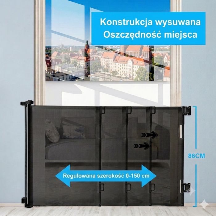 Bramka zabezpieczająca drzwi z zamkiem Wysuwana bramka schodowa dla dzieci, bramka dla dzieci i bramka dla psa, szerokość 150 cm, wysokość 83 cm