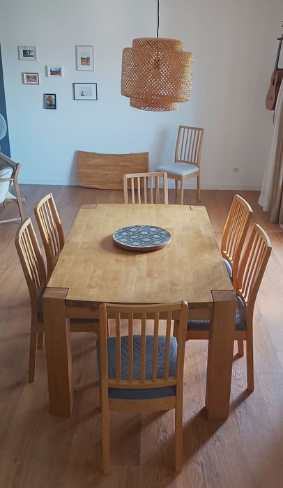Mesa de Carvalho natural com expansão e 7 cadeiras