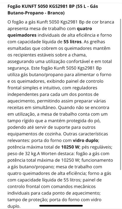 Fogão Kunft 5050 Como Novo (55L Gás Butano-Propano ) | Stove
