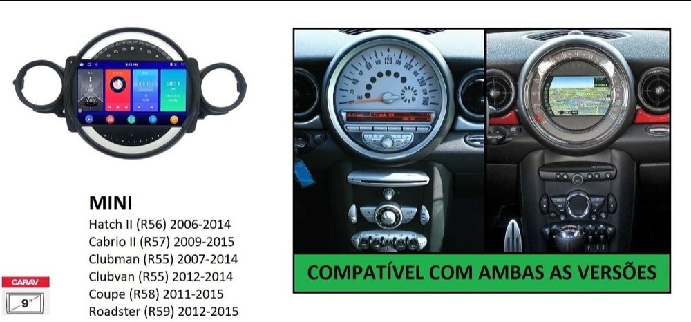 Radio 2 DIN 9" Mini Cooper (2006 a 2015) + Android + Carplay + GPS/Nov